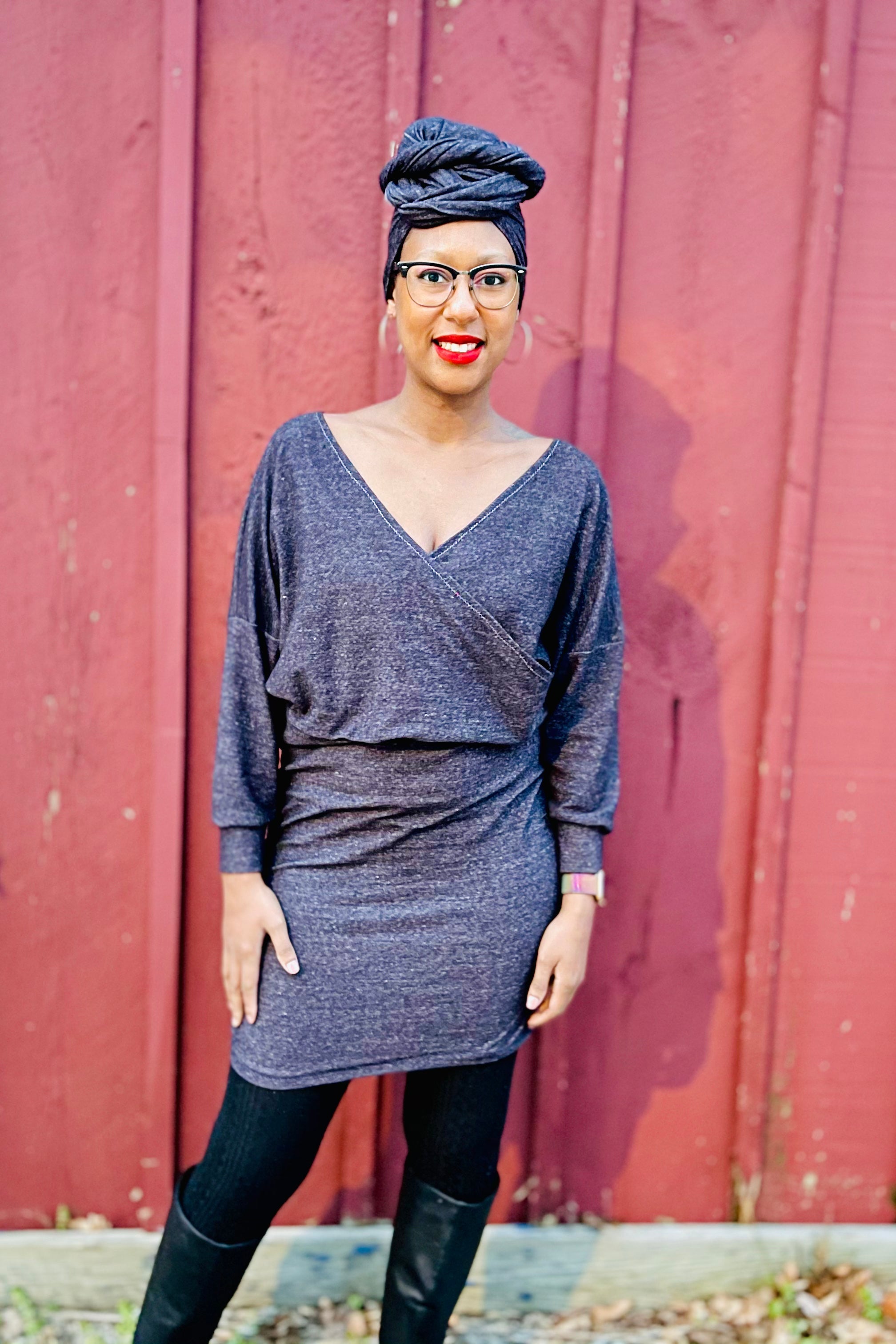 Crossover faux wrap dress pattern for office wear and fall layering