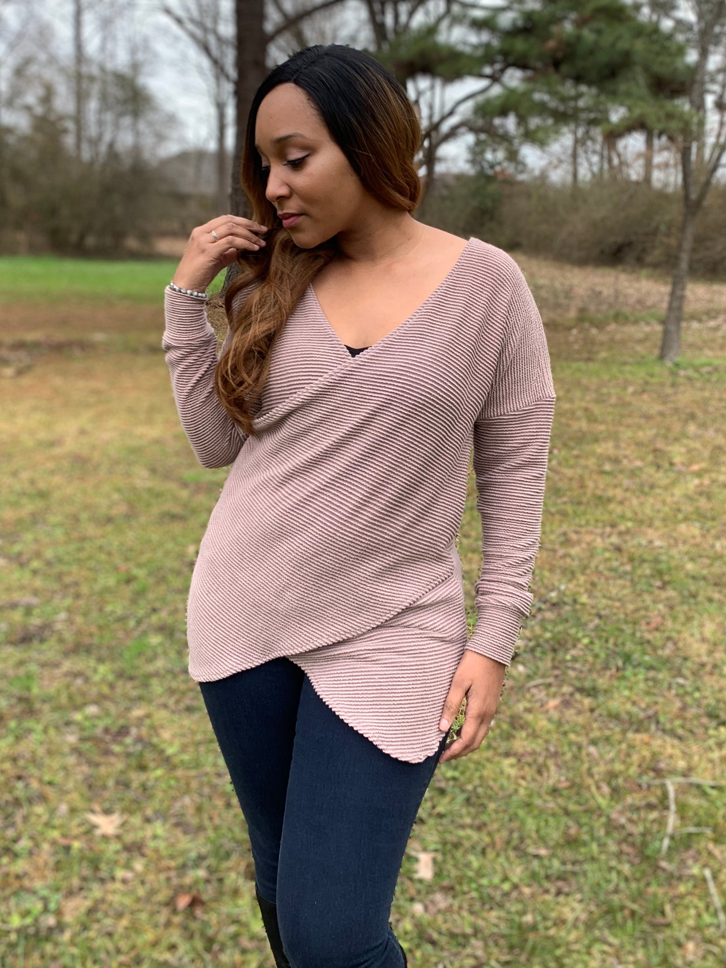 DIY wrap top PDF sewing pattern shown in knit fabric with crossover front