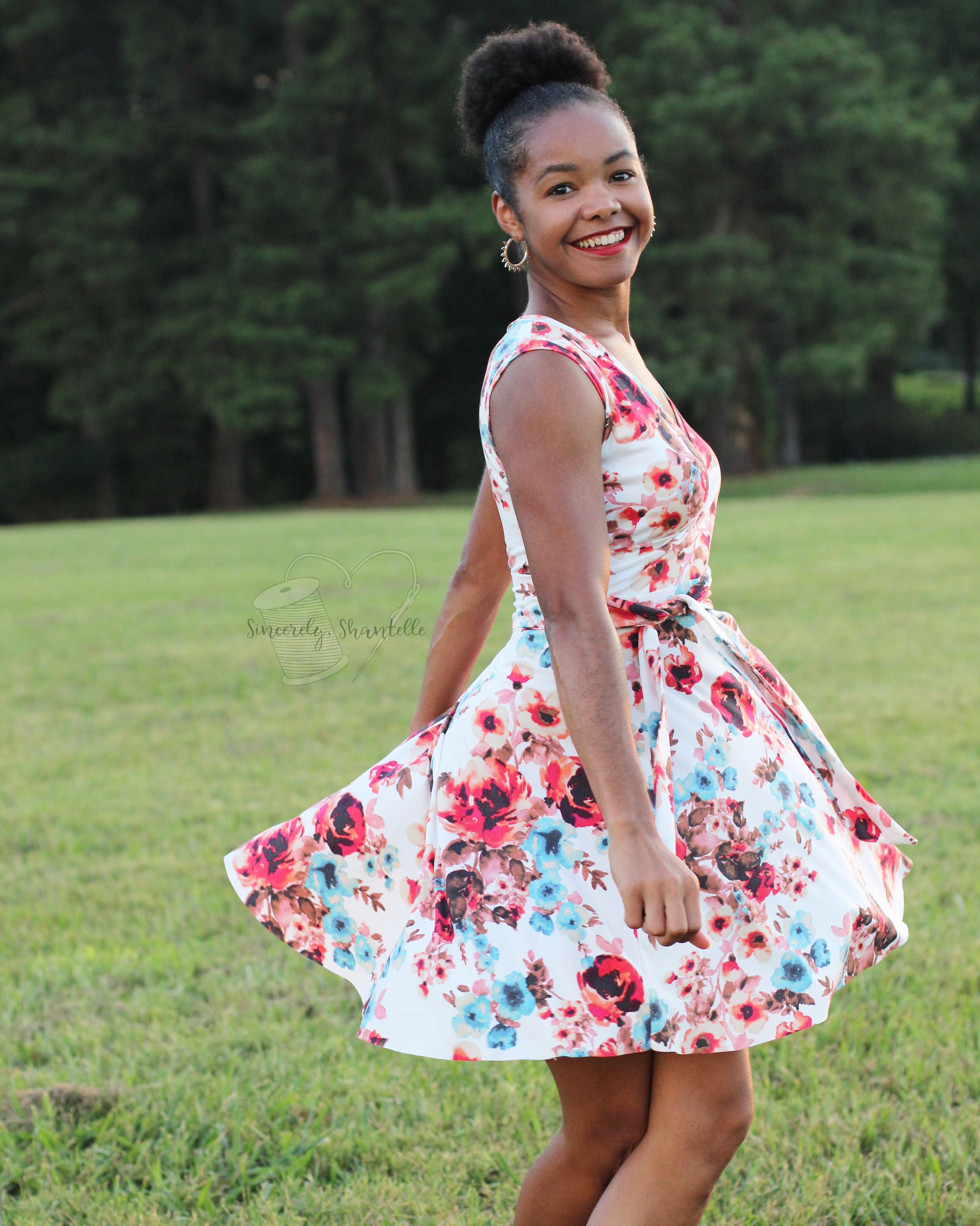 Sleeveless dress with circle skirt and faux wrap bodice. Easy sewing PDF sewing patterns with video tutorials.