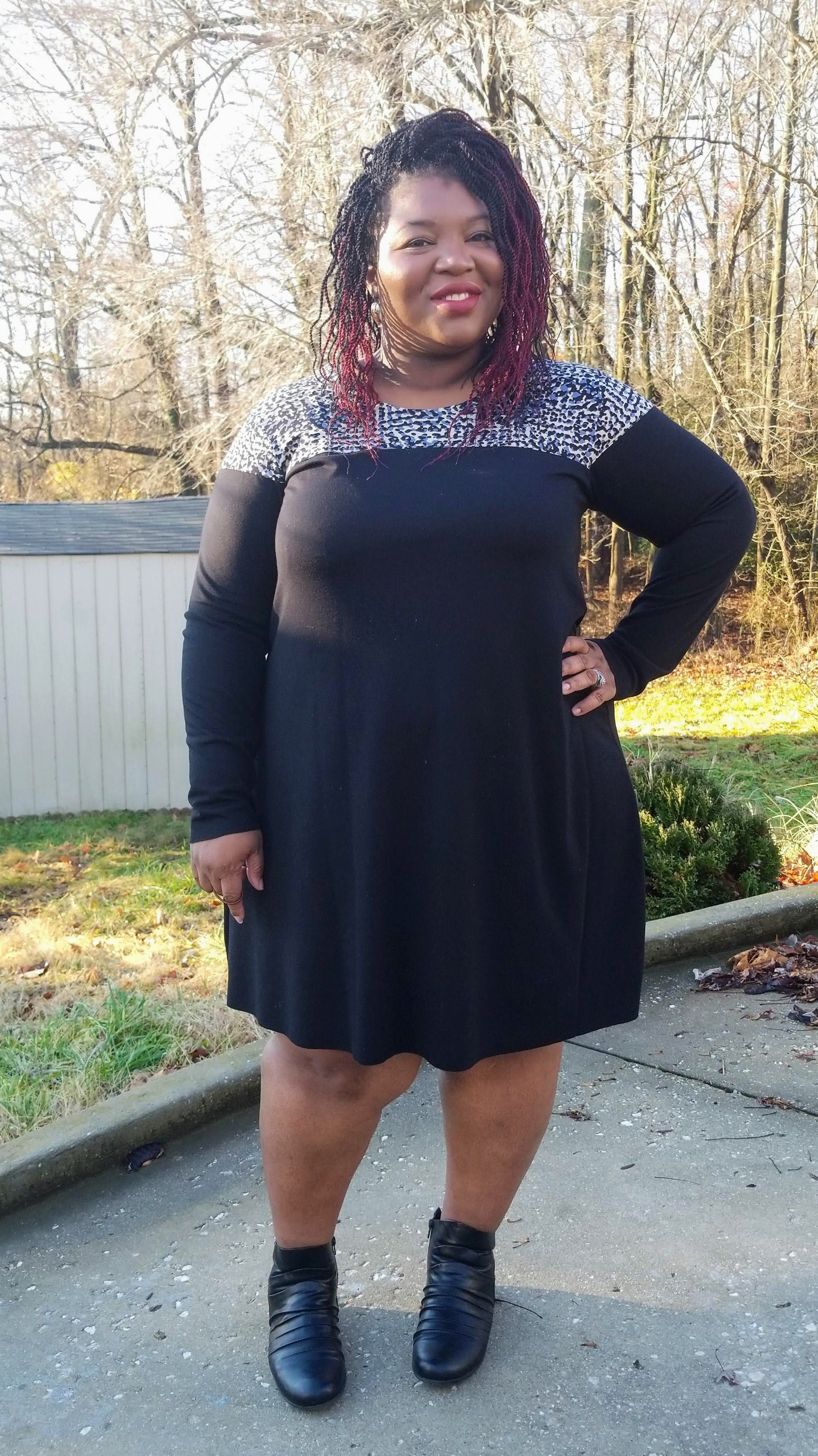 Easy womans knit casual dress sewing pattern - woman modeling a colorblock dress with long sleeves - Trendy fall dress - Digital sewing pattern by Ellie and Mac - xxs - 5xl inclusive sizing