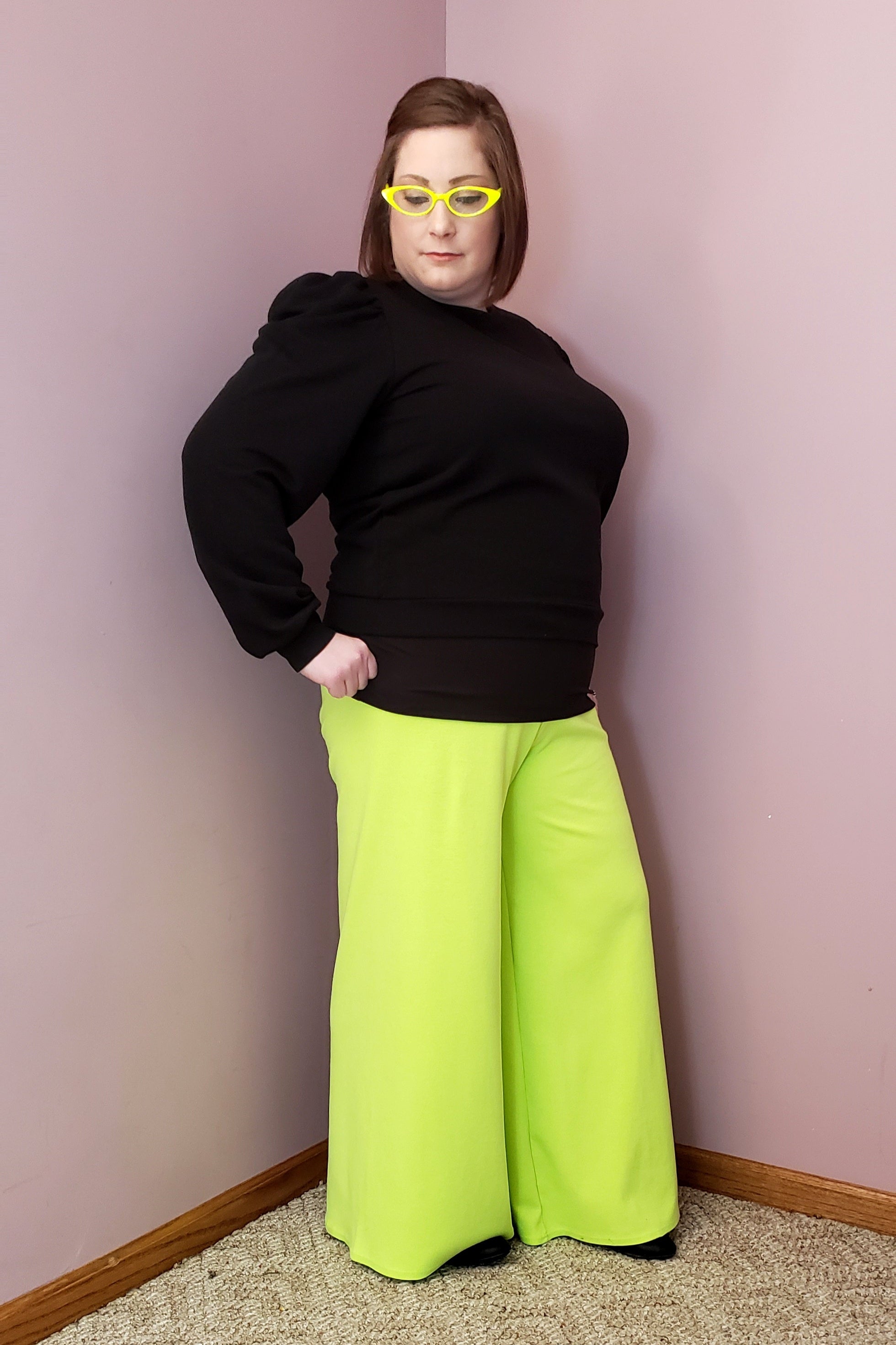 Easily create the pants you love that have you standing out in a crowd. Front view of the not so basic pants PDF sewing pattern. Knit fabric pattern.