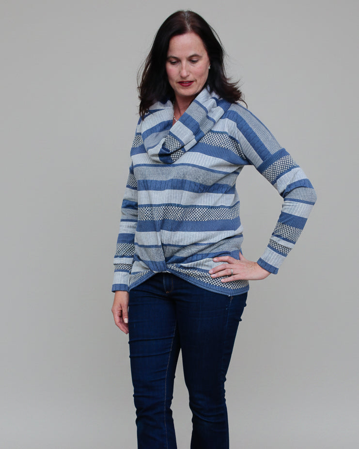 #1 sewing patterns by Ellie and Mac Twist It Up Top Sewing pattern for knit fabrics. A0, A4, Letter, Projector files. Sew along video tutorial, color step by step instructions, and pattern hack quides.