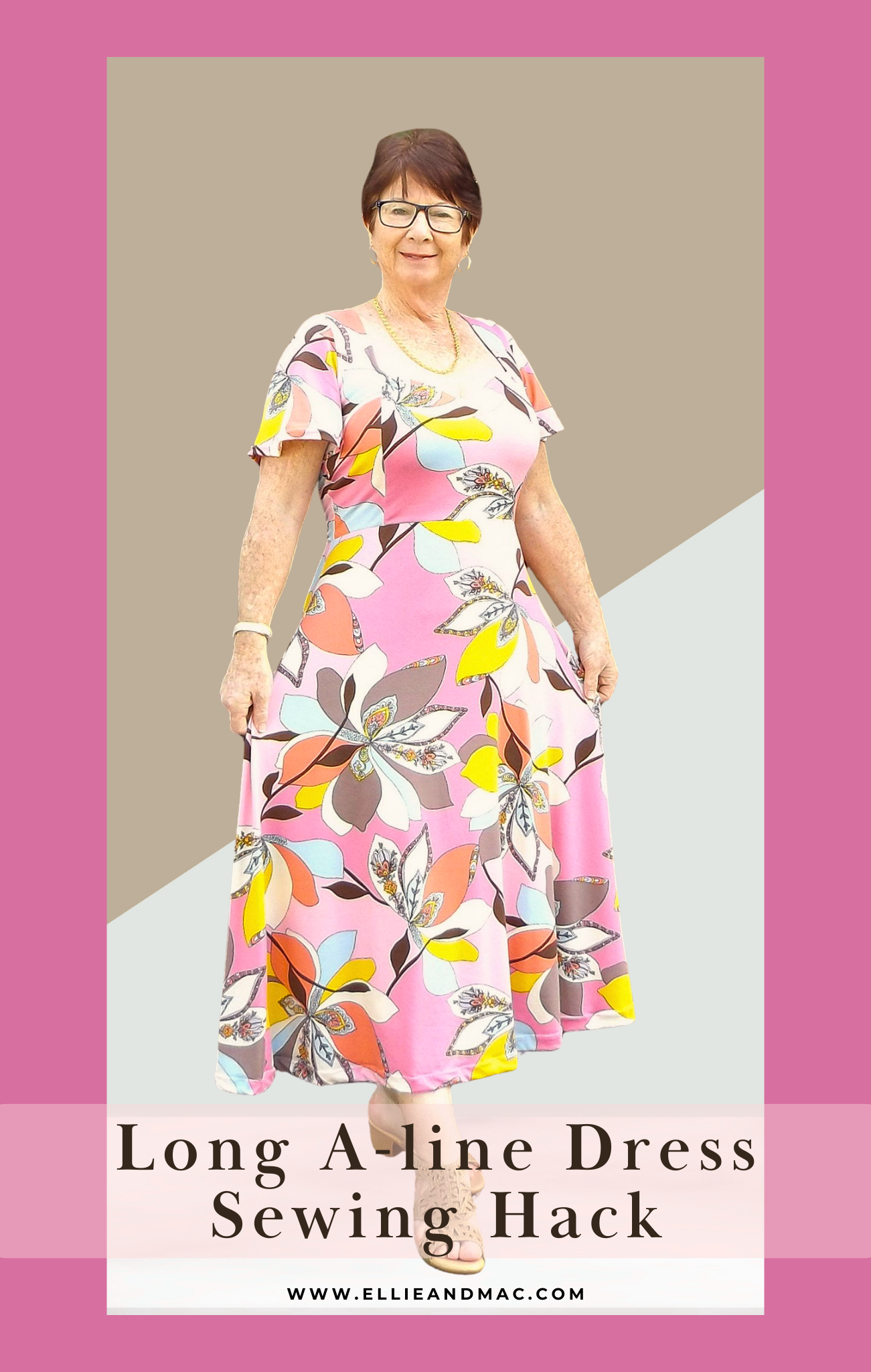 Altering the Ellie and Mac Nyeca A-Line Dress for a Longer Length. Woman wearing a beautiful large scale floral print long a-line dress she made using the Nyeca Sewing Pattern by Ellie and Mac patterns. 