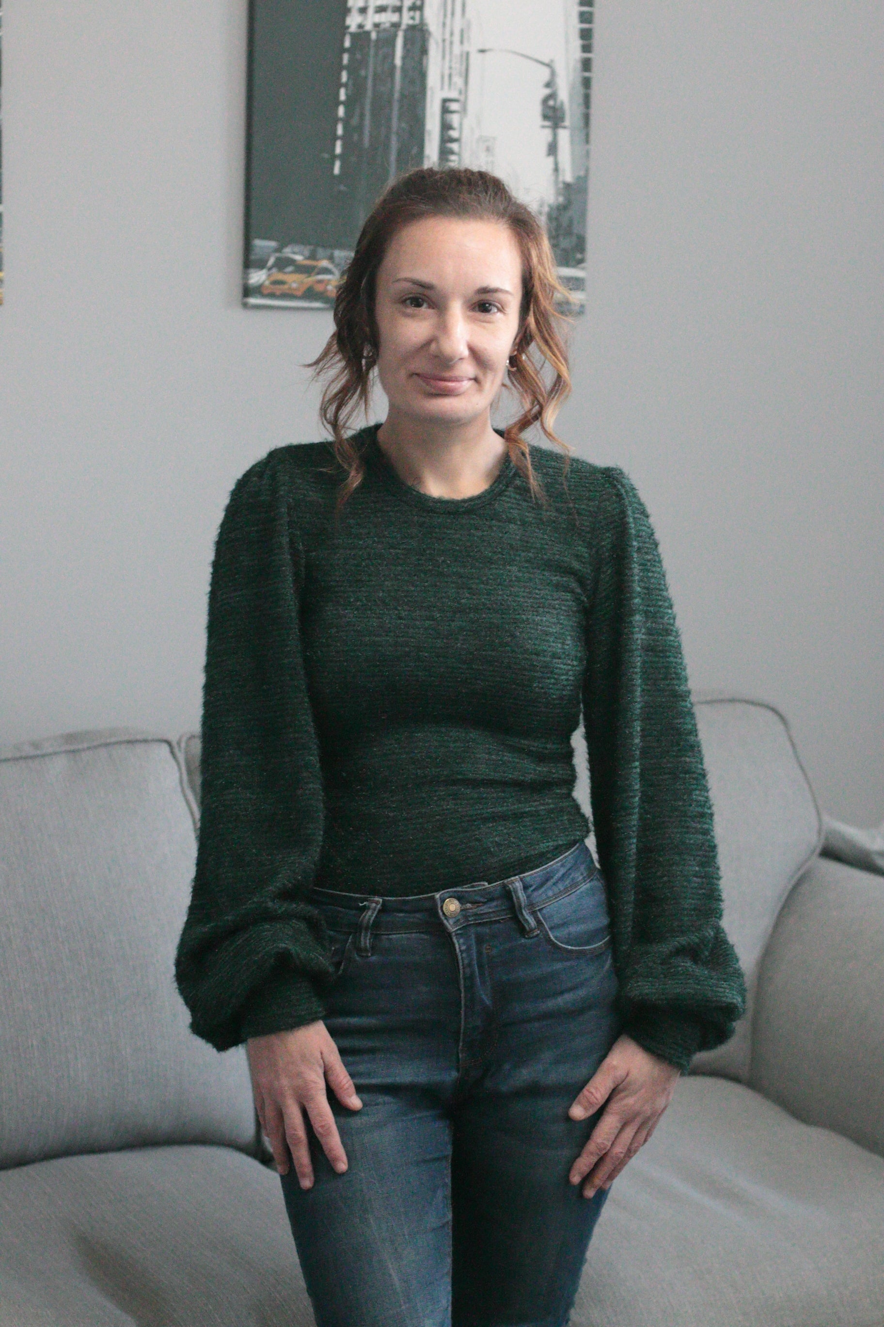 Bishop sleeve sewing pattern by Ellie and Mac Sewing Patterns in sweater fabric. Easy PDF sewing patterns. Video Tutorial and projector file included.