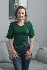 Puff sleeve sewing pattern by Ellie and Mac Sewing Patterns in cotton lycra fabric. Easy PDF sewing patterns. Video Tutorial and projector file included.