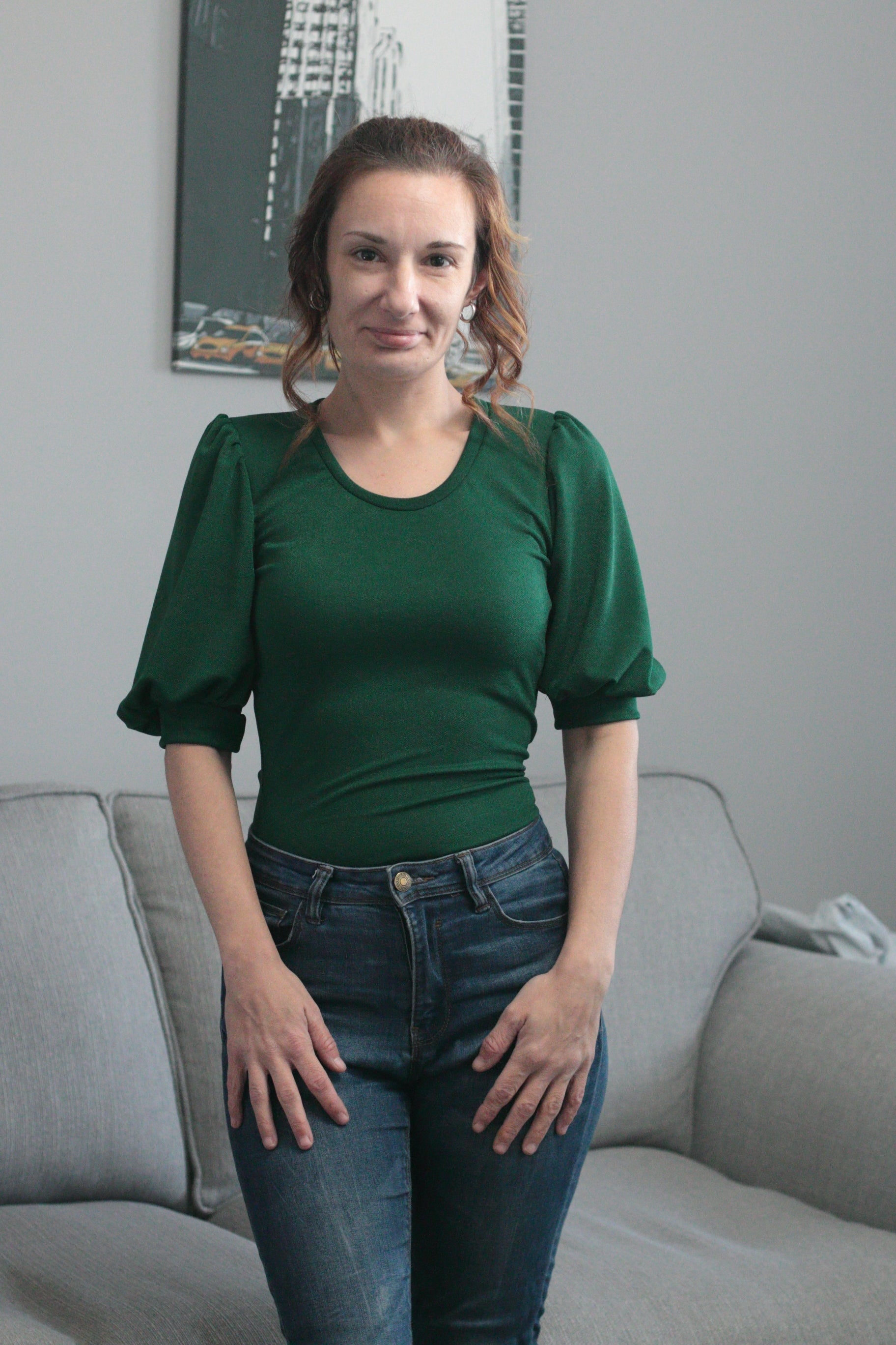 Puff sleeve sewing pattern by Ellie and Mac Sewing Patterns in cotton lycra fabric. Easy PDF sewing patterns. Video Tutorial and projector file included.