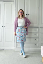 Jasmine Jogger Skirt PDF Sewing Pattern by Ellie and Mac in Knee Length and paired with the chapman cardigan sewing pattern.