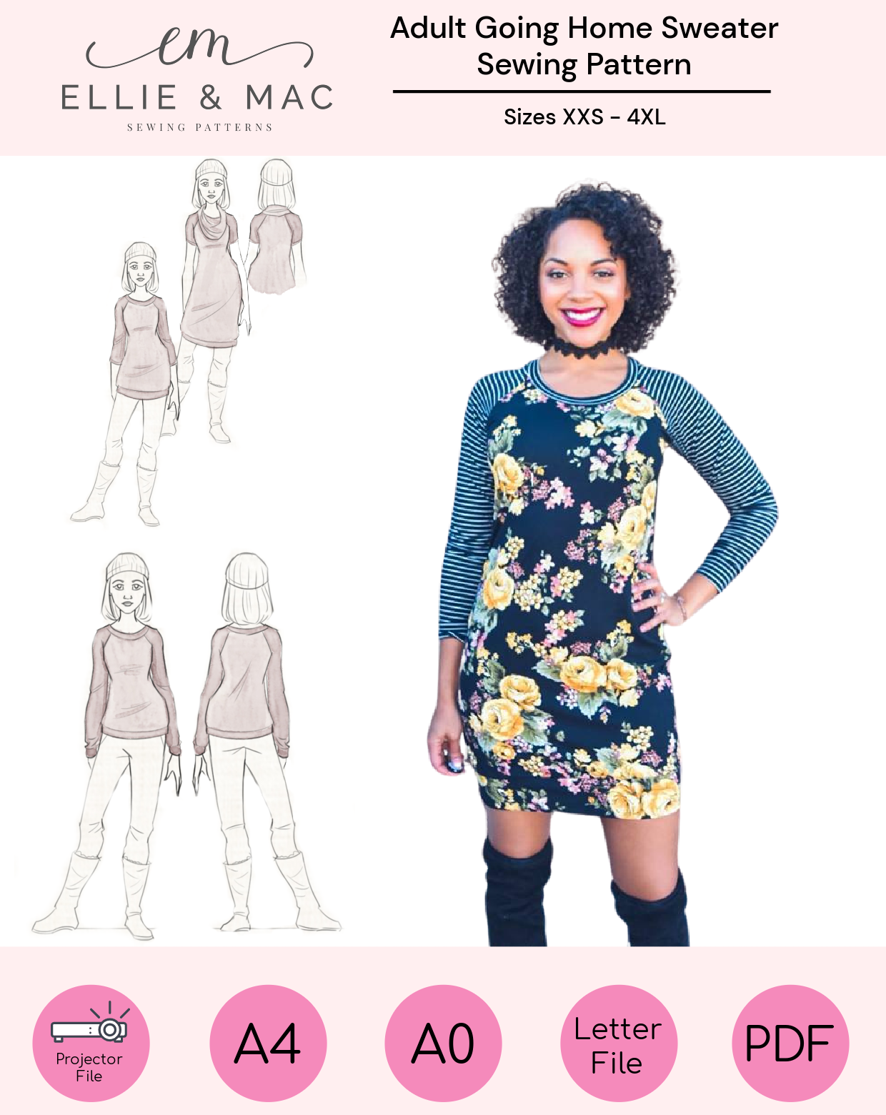 Product image for a digital PDF sewing pattern of an adult's sweater and dress, showing a floral dress version, available in sizes XXS to 4XL. Includes a projector sewing pattern file, A0 copy shop print file, A4 print file, letter print file, and video sew along tutorial. Best PDF sewing patterns by Ellie and Mac.
