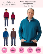 Promotional image for the Arctic Pullover Sweater Pattern by Ellie & Mac showing a finished blue sweater on a male model, with diagram illustrations of the pattern pieces and a size chart.