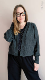 Make your own athleisure outfits using the Celeste Batwing Cardigan sewing pattern shown in crop length on a model.