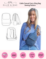 Sewing pattern for a Callie Casual Carry Sling Bag by Ellie & Mac, featuring a woman with a blue bag.