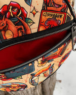 Tattoo-style bag with open zipper, showing red interior