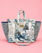 Tote bag with blue octopus design on a pink background. Make your own with our easy sewing patterns. 