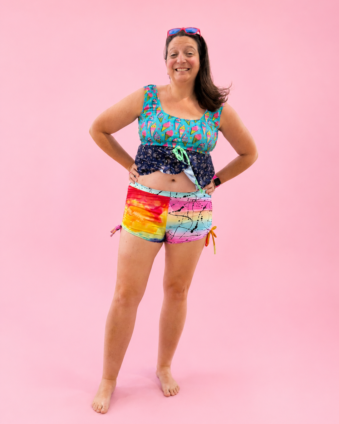 Modest Tankini and Ruched Shorts sewing pattern by Ellie and Mac PDF sewing patterns. Sizes xxs - 6xl included. Projector file, A0 file, A4 print file, Letter print file, video sew along tutorial, color photo step-by-step instructions, and fit alteration instructions included.