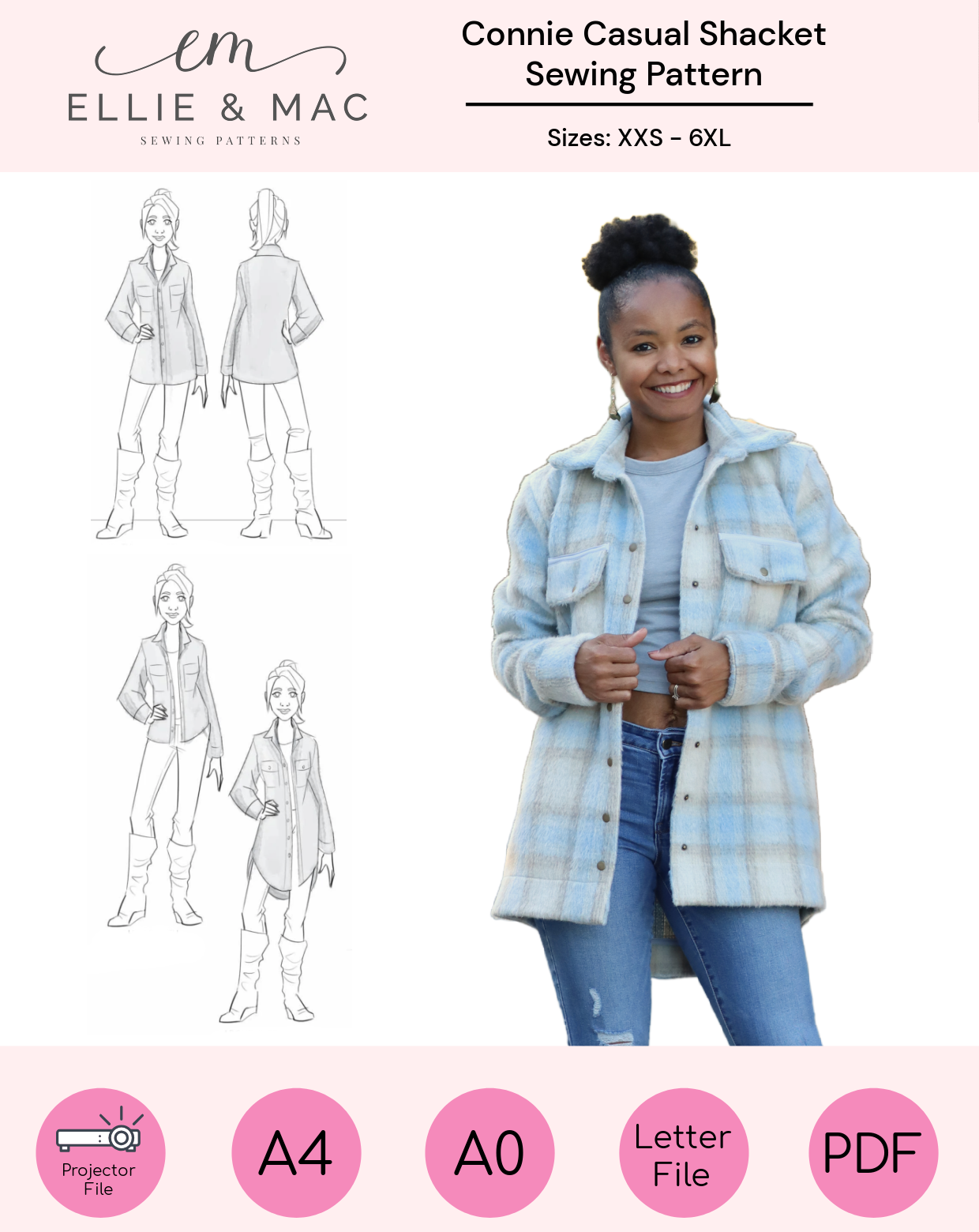 Ellie & Mac sewing pattern for Connie Casual Shacket with a model wearing the jacket and pattern diagrams.