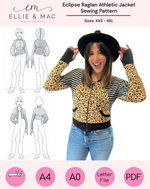 Eclipse Raglan Athletic Jacket Sewing Pattern  XXS - 6XL - DIY Jacket - Easy sewing - cropped and high hip jacket - curved band. Ellie and Mac PDF sewing pattern.