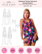 Ellie & Mac Gathered Tankini Swimsuit Sewing Pattern. The image shows a woman modeling the finished swimsuit in a vibrant abstract print, alongside line drawings illustrating the front and back views of the tankini top and bottoms, including a skirted option. This PDF pattern is available in sizes XXS-6XL and printable on A4, A0, and Letter paper sizes. Projector file and video tutorial inlcuded. 