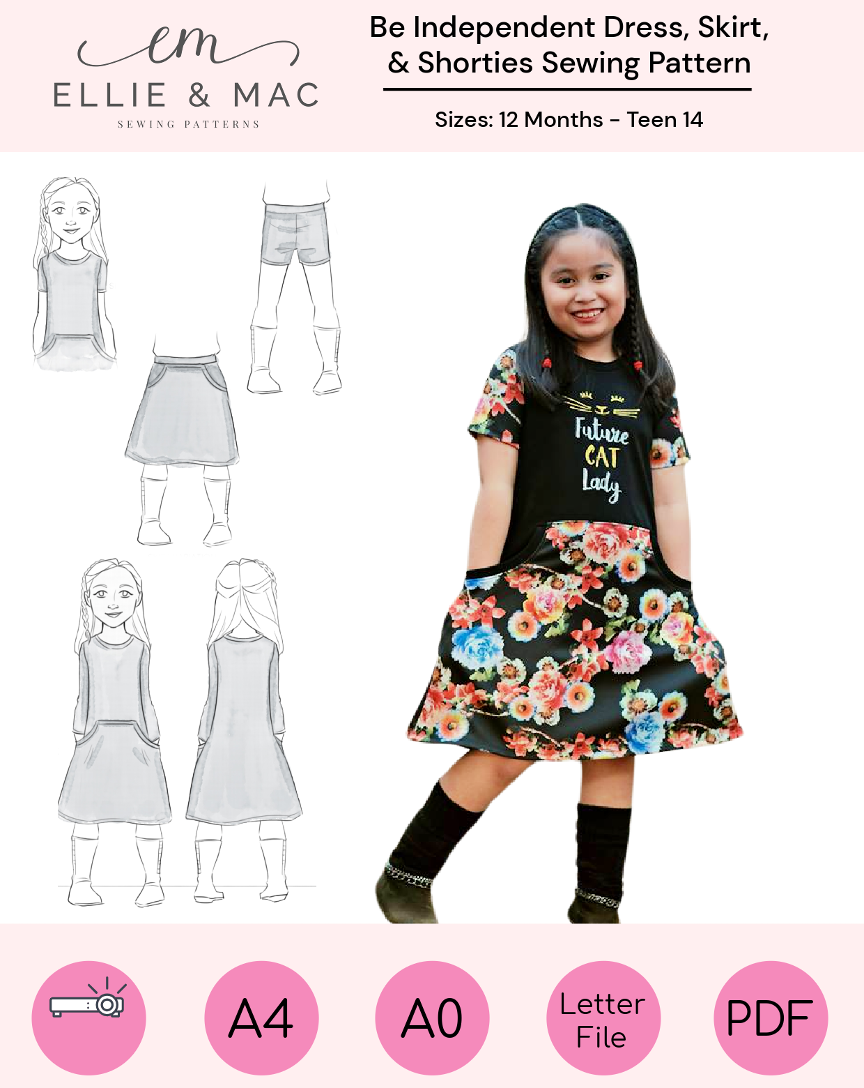 Kids Dress, skirt and shorties sewing pattern by Ellie and Mac Sewing Patterns. Girl modeling a large floral pocket dress with short sleeves. Line drawings show the different pattern variations. Easy and quick sewing pattern for knit fabrics.