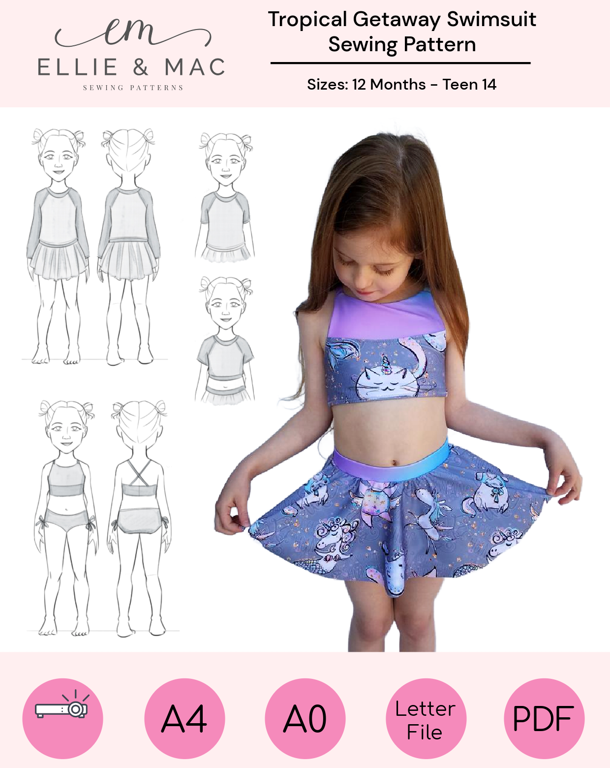 Tropical Getaway Swimsuit PDF sewing pattern. This versatile pattern has many variations - rashguard, skirt, bikini top, and bikini bottom. Girl in unicorn print fabric wear the skirt and bikini top. Sizes 12 months - teen 14. 