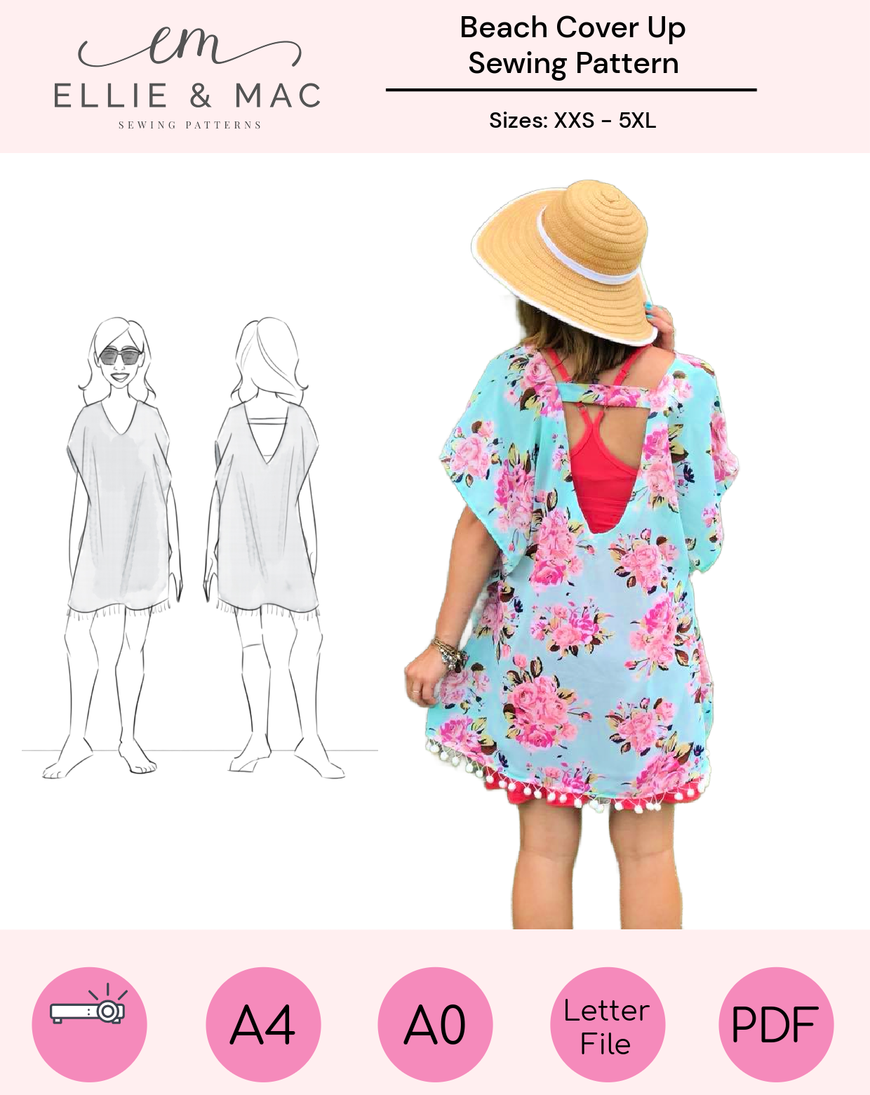 Beach Cover Up PDF Sewing Pattern by Ellie and Mac sewing patterns. Woven fabrics with several variations.