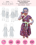 Easy Ellie and Mac PDF Sewing Pattern for a kids dress that features 1/2 circle skirt, gathered skirt, or full circle skirt. Tank, long Sleeve, short banded sleeve, and 3/4 sleeve.  Optional sash with a cute faux wrap bodice. Maxi length option. Side seam pockets. Easy sewing pattern for beginners. Includes A0, A4, Letter, and Projector files with a sew along video tutorial.