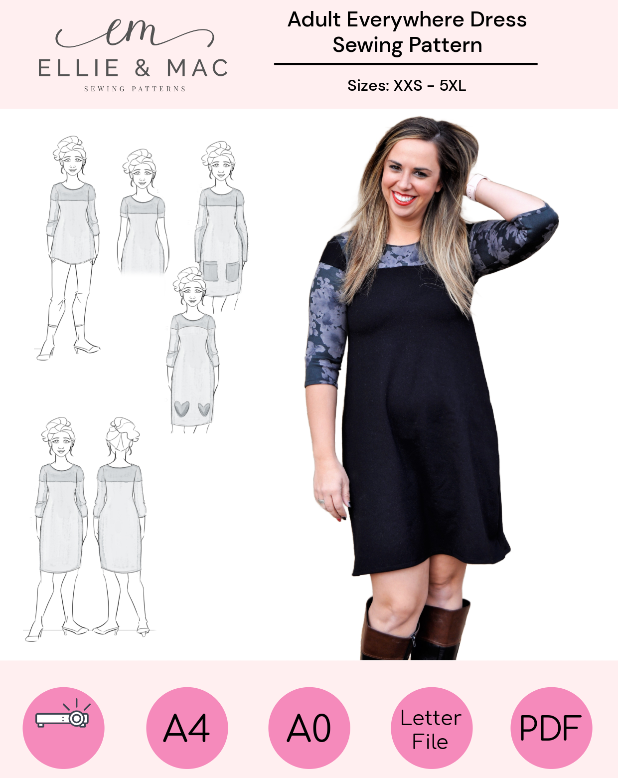 Easy womans knit casual dress sewing pattern - woman modeling a colorblock dress with 3/4 sleeves - Trendy fall dress - Digital sewing pattern by Ellie and Mac - XXS - 5XL inclusive sizing - A4, A0, Letter, and Projector files - video tutorial