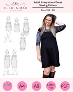 Easy womans knit casual dress sewing pattern - woman modeling a colorblock dress with 3/4 sleeves - Trendy fall dress - Digital sewing pattern by Ellie and Mac - XXS - 5XL inclusive sizing - A4, A0, Letter, and Projector files - video tutorial