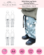 Easy boys knit pants sewing pattern with cargo pocket. Boy modeling deer print knit fabric pants with black cuffs and drawstring. Beginner sewing patterns. 
