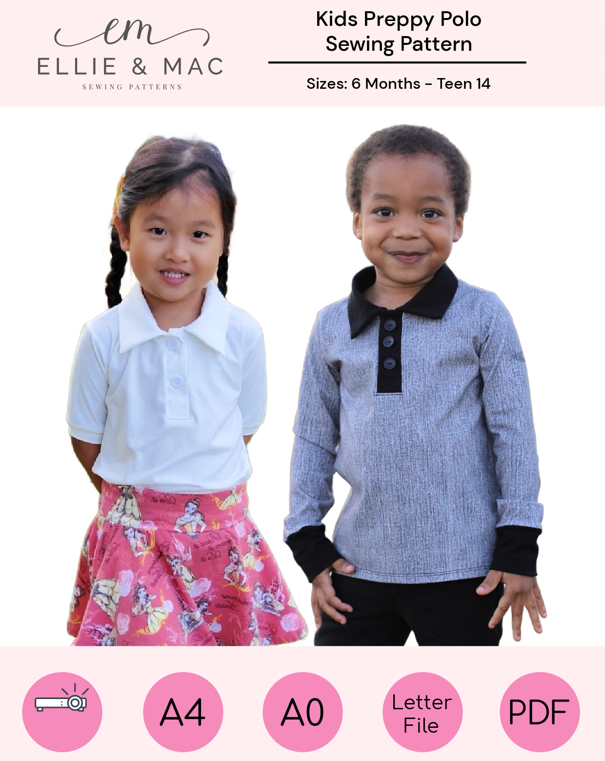 Kids preppy polo shirt. Half button placket with collar. Unisex sewing pattern. Great for uniforms or elevated looks. Long and short sleeve options. Color block option. Easy sewing patterns by Ellie and Mac Sewing Patterns.
