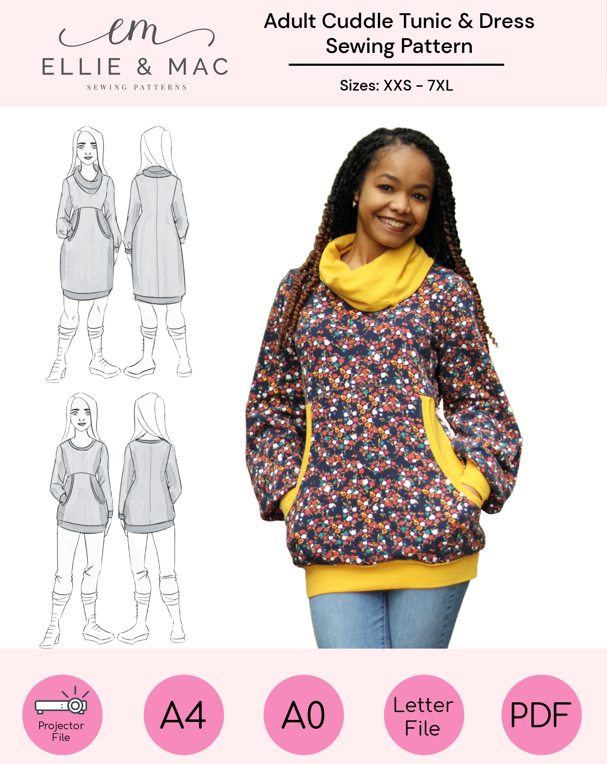 Cuddle Tunic and Dress Sewing Pattern PDF by Ellie and Mac Sewing Patterns. Includes sizes xxs - 7xl. Projector, a4, letter, and a0 files included. Full sew-along video included. Easy sewing patterns for beginners. Knit fabrics.