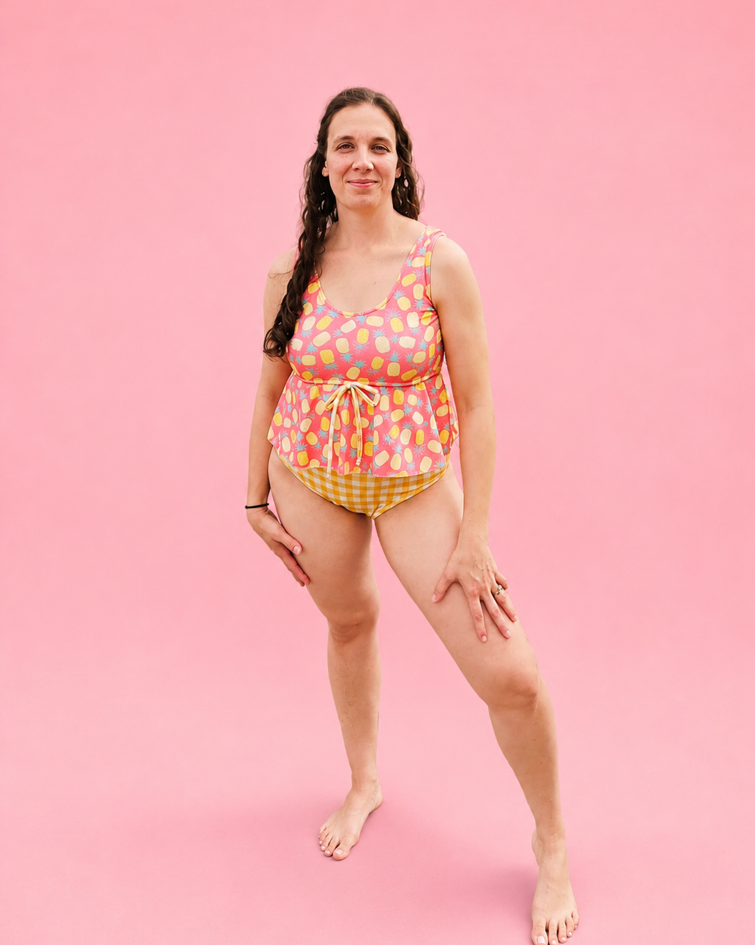 Modest Tankini and Ruched Shorts sewing pattern by Ellie and Mac PDF sewing patterns. Sizes xxs - 6xl included. Projector file, A0 file, A4 print file, Letter print file, video sew along tutorial, color photo step-by-step instructions, and fit alteration instructions included.