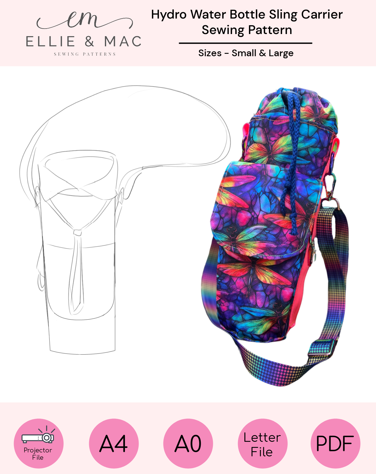 A digital PDF sewing pattern showcasing a colorful water bottle sling carrier with a shoulder strap, designed for carrying a water bottle on adventures. Ellie and Mac Sewing Patterns.