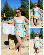 Swim dress with attached swim skirt. Great for vacation and water parks.