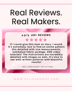 Ellie and Mac Sewing patterns  review with a 4.9/5 rating and text praising the item on a pink and white background.