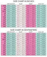 Size chart in inches and centimeters for women's clothing sewing pattern measurements for Ellie & Mac sewing patterns.