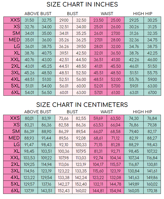 Size chart in inches and centimeters for women's clothing sewing pattern measurements for Ellie & Mac sewing patterns.