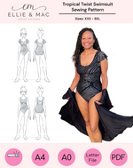 Ellie and Mac Tropical Twist Swimsuit Sewing Pattern XXS - 6XL. Cover shows beautiful woman in a black, sparkly swimsuit with flounce sleeve and keyhole cutouts in the front and back. The one-piece is trendy and flattering. The line drawings show the variations. Projector file, A0 file, A4 and Letter file pattern included. 