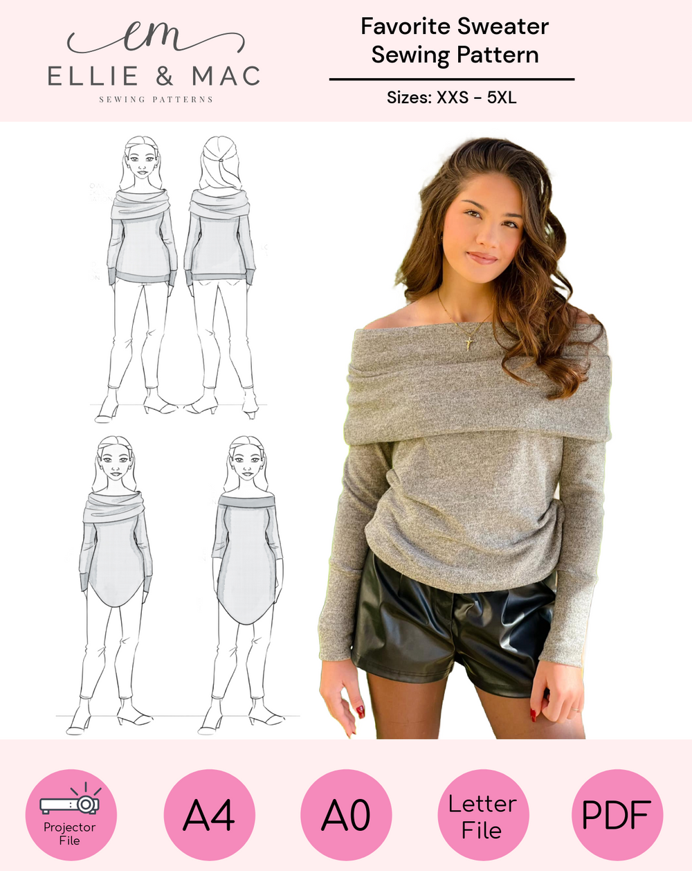 Ellie & Mac PDF sewing pattern for a favorite sweater with model wearing the garment. Instant Download. Includes a projector sewing pattern file, A0 copy shop pattern file, A4 pattern file, Letter pattern file, and sew along video tutorial. Beginner sewing patterns.