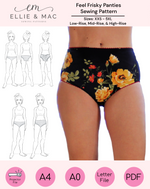 Floral-patterned panties with sewing pattern illustrations and brand logo on a pink background. PDF Ellie and Mac Sewing Patterns Feel Frisky Panties sewing pattern with low rise, mid rise, and high rise options. Great for using up fabric scraps, upcycling old clothing, and making underwear that fit you perfectly. Projector file, A0 copy shop file, A4 and letter print files, sew along video tutorial are all included. Sizes xxs - 5xl included. 