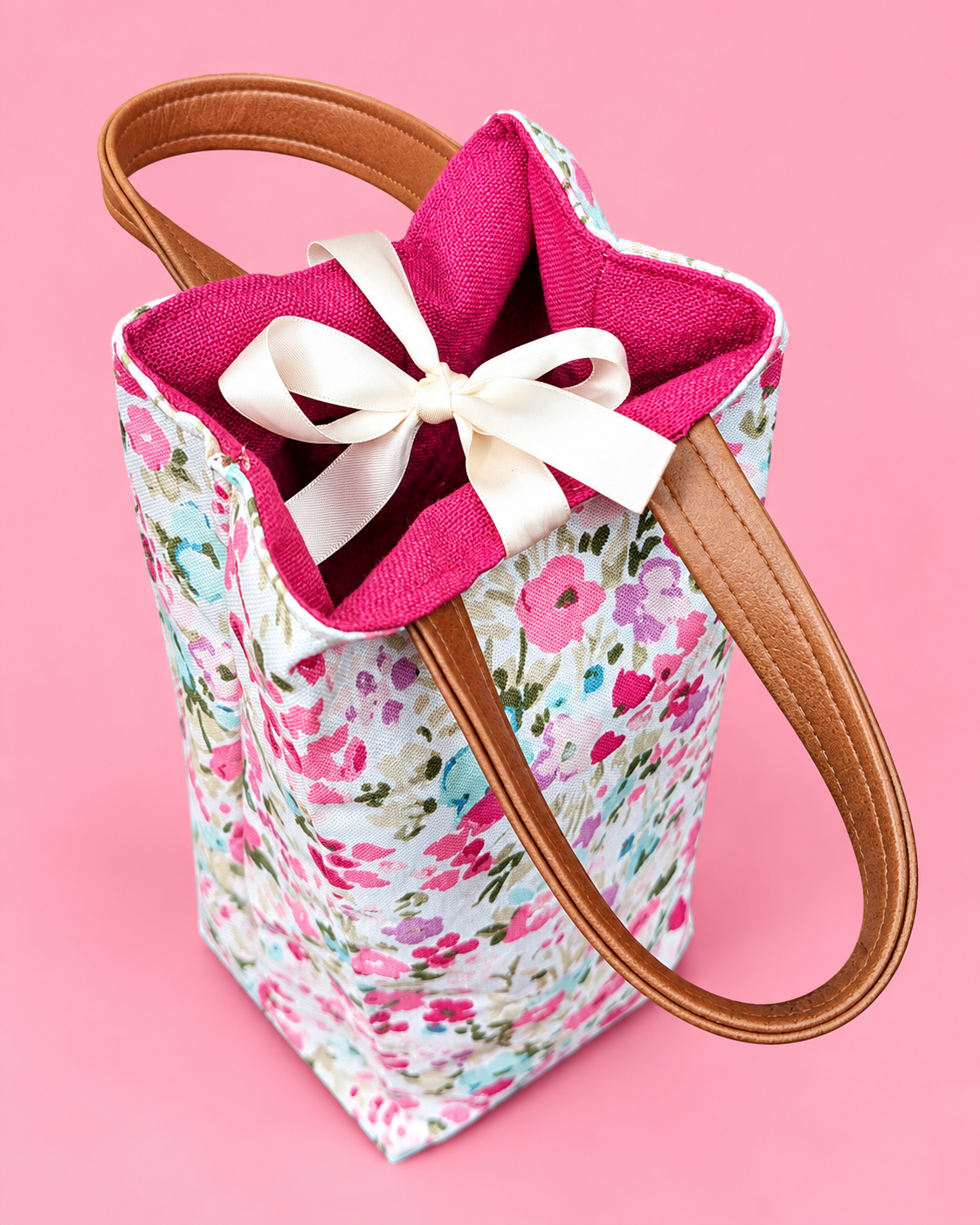 Handmade floral fabric wine bottle bag with reusable handles