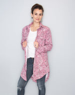 The shirt is made using the Connie Casual Shacket PDF sewing pattern by Ellie and Mac Sewing patterns.