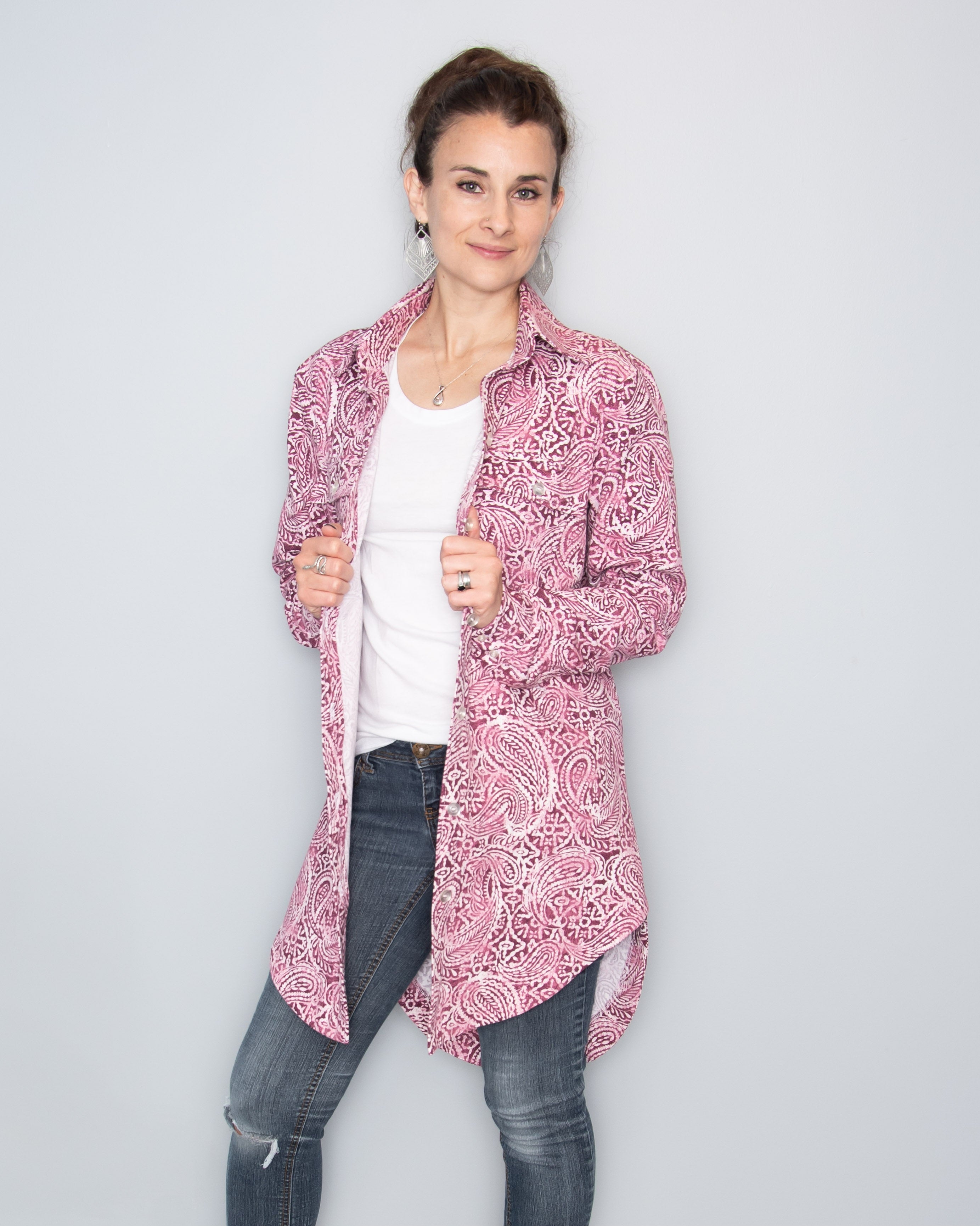 The shirt is made using the Connie Casual Shacket PDF sewing pattern by Ellie and Mac Sewing patterns.