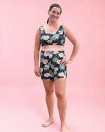Modest Bikini top and biker Shorts sewing pattern by Ellie and Mac PDF sewing patterns. Sizes xxs - 6xl included. Projector file, A0 file, A4 print file, Letter print file, video sew along tutorial, color photo step-by-step instructions, and fit alteration instructions included.
