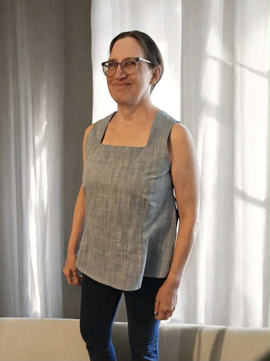 Handmade square neck blouse with bust and waist darts