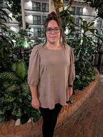 High length Zara blouse pattern with flattering silhouette in brown linen