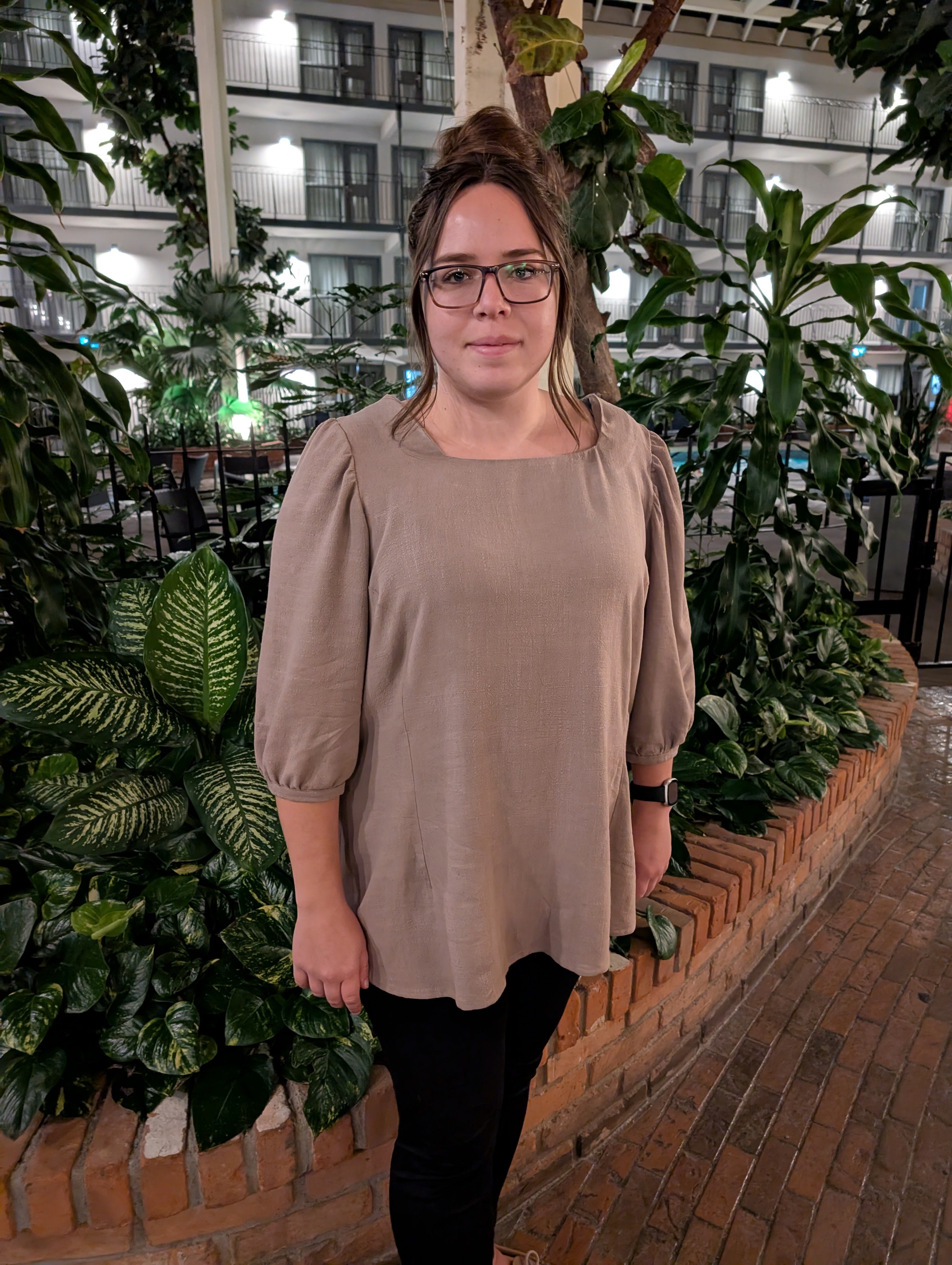 High length Zara blouse pattern with flattering silhouette in brown linen