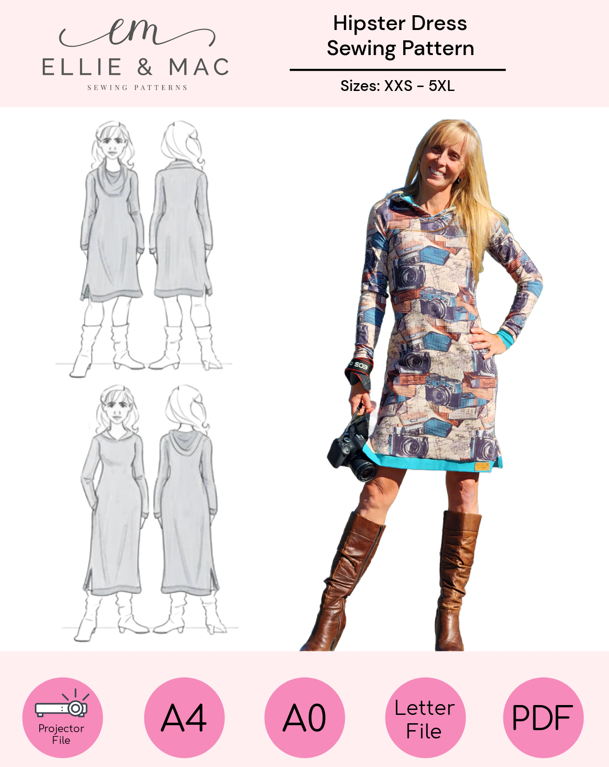 Ellie & Mac Hipster Dress sewing pattern with a model wearing the dress and illustrations of the dress.