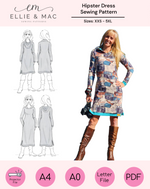 Ellie & Mac Hipster Dress sewing pattern with a model wearing the dress and illustrations of the dress.