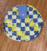 Quilted Lemon Moon Drawstring Bag. Beginner Sewing Pattern for travel, picnics, kids toys, craft storage, and more. PDF sewing pattern. Sew easy craft project.