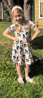Cats and rainbows kids dress sewing pattern. Easy comfy dress pattern.

